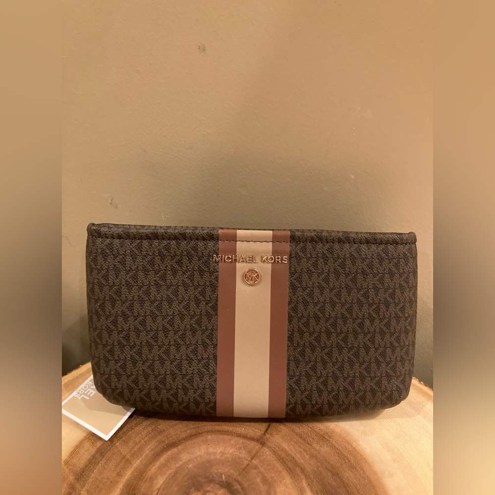 Michael Kors Logo Signature Brown Stripe Belt Fanny Bag & Gold Key Charm Sz-L/XL